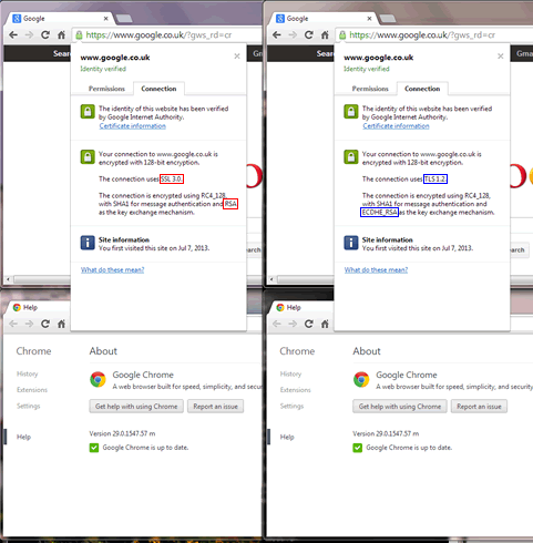 screenshot showing Chrome 29 with TLS1.2 being downgraded to SSL3.0